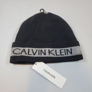 Calvin Klein Beanie Hat Knit Winter Spell Out Mens One Size NWT Black